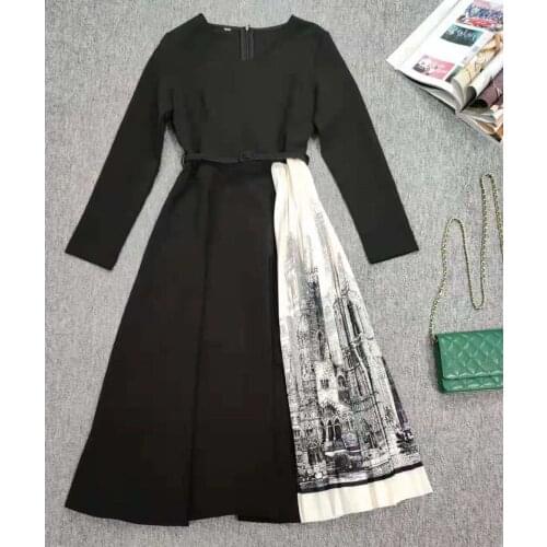 Newest Fashion Style Dress 2021 Autumn Winter Women V-Neck Vintage Building Prints Belt Deco Long Sleeve Mid-Calf Pleated Dress