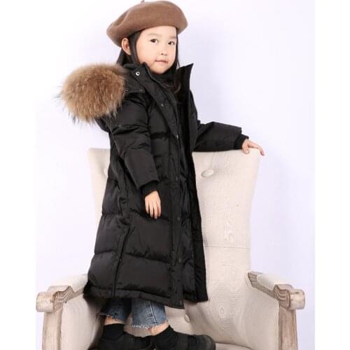 Winter Down jacket boys and girls long duck down thickened middle and big kids Korean hooded big fur collar new baby warm jacket