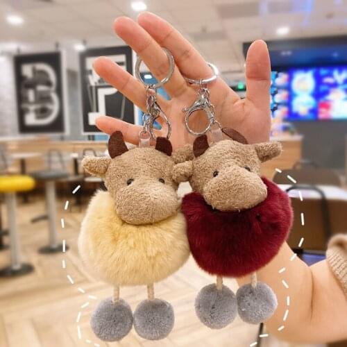 Cute Cartoon Rabbit Fur Bull Keychains Fur Ball Plush Key Chain Key Ring for Women Men Bag Pendant Car Key Holder Toys Kids Gift