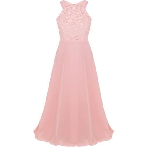 Elegant Princess Flower Girl Dresses Chiffon Floral Lace Cutout Back Kids Dresses For Girls Summer Wedding Birthday Party Dress