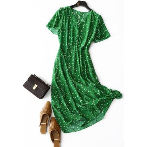 And American womens European wear 2021 summer new style Short sleeve V-neck dot print Fashionable green silk dress