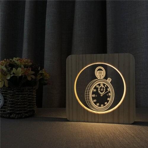 Pocket Watch 3D LED Night Lamp Arylic Wooden Table Light Switch Control Carving Lamp for Childrens Room Decorate