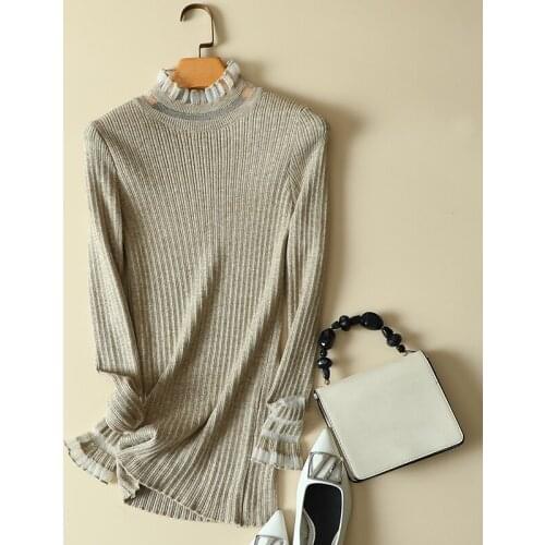 Lace Patchwork Knitted Women Sweater And Pullovers Solid Slim Office Lady Elegant Pulls Outwear Tops