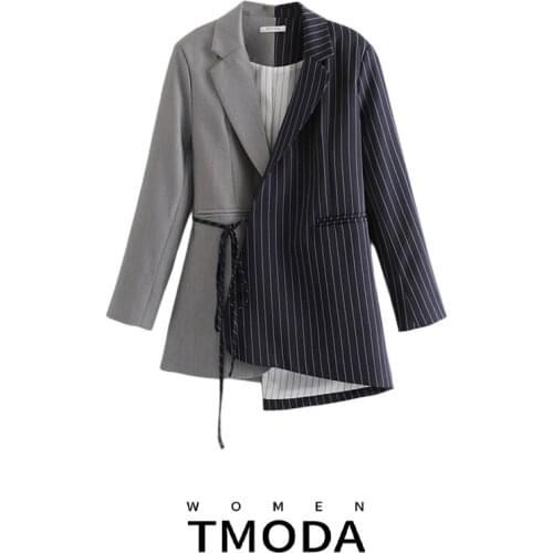 TMODA794 Za 2021 Spring Autumn Loose Fit Black Striped Split Joint Bandage Jacket New Lapel Long Sleeve Women Coat Fashion Tide