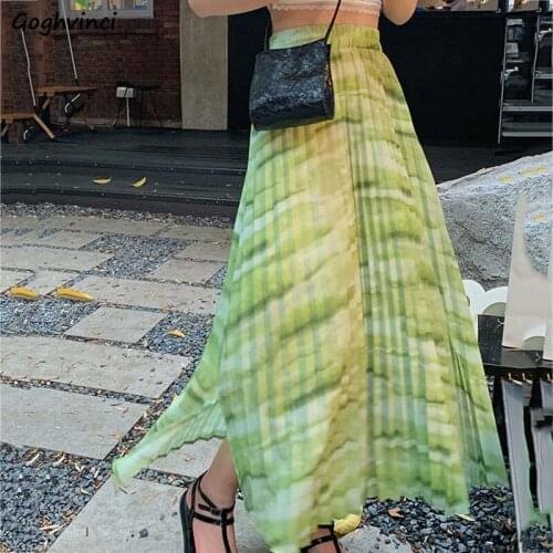 Summer Sweet Tie-dye Pleated Skirts Women Breathable Loose A-line Fresh Friends Beach Split Mid-calf Slim Outwear Faldas Ulzzang