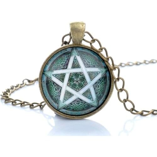 Fashion Pentagram Pendant Necklace Glass Cabochon Vintage Bronze Accessories Statement Chain Necklace for Women Fine Jewelry