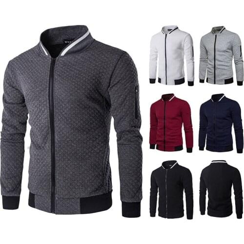 Mens Jacket Stand Collar Color Contrast Diamond Type Plaid Zipper Cardigan Coat Casual Long Sleeve Tops
