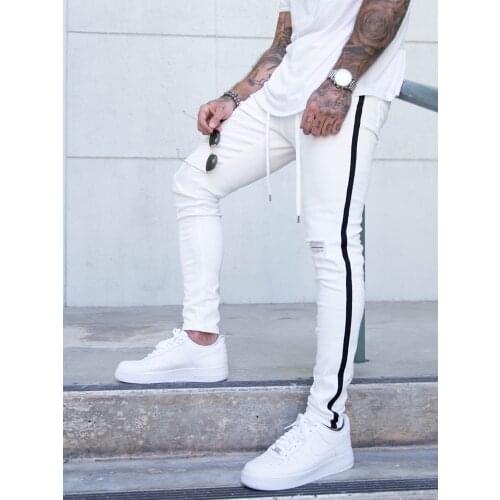 2021 New Mens Hip-Hop Hole Ripped Pants Fashion White Jeans Men Side Stripe Jeans Big Size Brand Skinny Stretch Slim Fit Pants