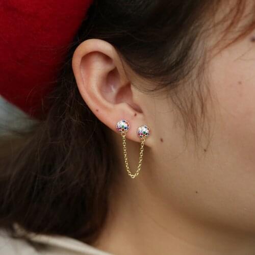 New Fancy stunning rainbow ear wire 100% 925 real sterling silver round colorful cubic zirocns gold color cute stud earrings 1pc