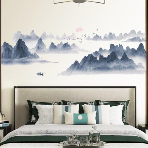 Chinese Style Sunset Landscape Wall Sticker High Quality Wallpaper Living Room Bedroom Background Mural Home Decor Stickers