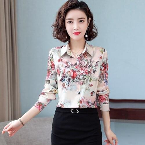 TingYiLi Vintage Satin Silk Floral Blouse Shirt Spring Autumn Long Sleeve Womens Shirt Korean Office Wear Elegant Ladies Tops