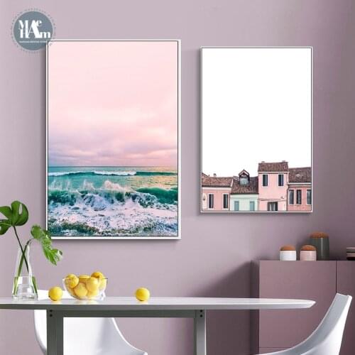 Nordic Pink Sea sunset wall art Canvas posters Painting Prints Figures Landscape Picture for Living Room Morden art Home Decor