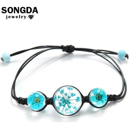 SONGDA Original Dried Flowers Bracelet Anklet Handmade Glass Ball Plant Specimen Charm Bracelets for Women Girl Pulseira Feminia