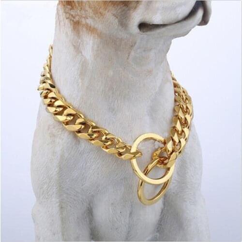 Tiasri 12-30inch 15mm Gold Tone Stainless Steel Flat Curb Cuban Link Dog Chain Collar Hot Sale pet Supplies Wholesale Retail