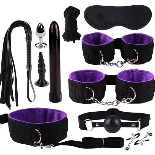 Vibrator Handcuffs Whip Nipples Clip Blindfold Mouth Gag Adult Sex Toys Kit BDSM Sex Bondage Slave Toys Flirt Games For Couples