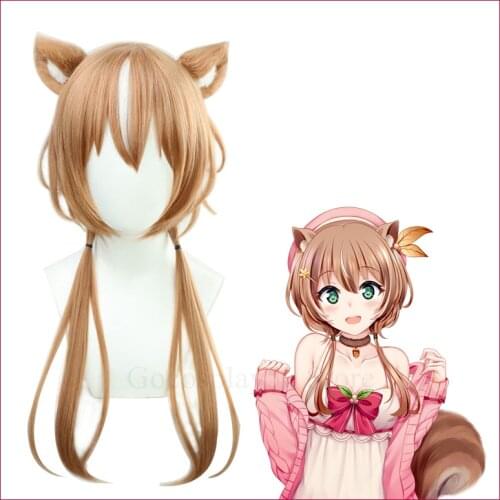 VTuber Ayunda Risu Wig Ears Hololive Indonesia Brown Straight Ponytails Girls Chipmunk Cosplay Long Synthetic Hair Role Play