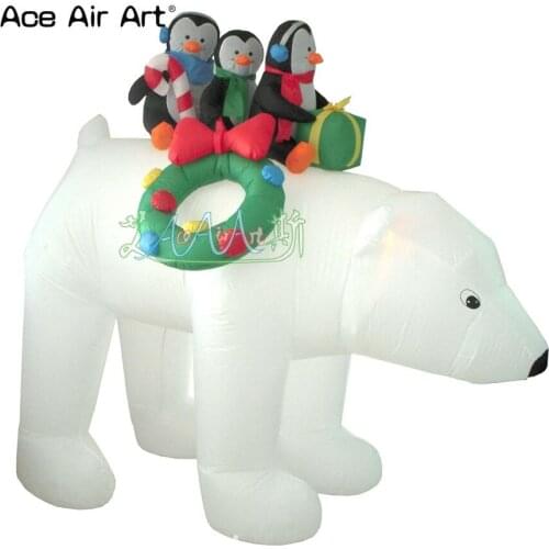 High quality lighted inflatable party decorations,3 penguins sitting on Christmas polar bear model for Advertise