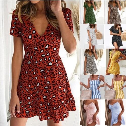 Women Leopard Print Dress Summer Sexy Ruffles Short Sleeve V neck Evening Party Sweet Beach Short Sleeve Dress 2021 Summer