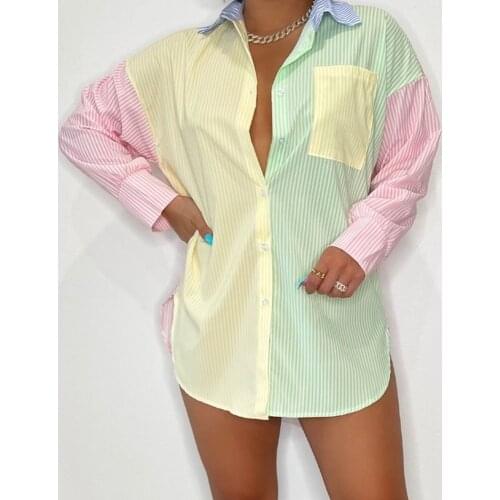 2021 Summer Autumn Shirt Striped Long Sleeve Clothing For Women New Loose Top Button Casual Blouses Contrast Shirts