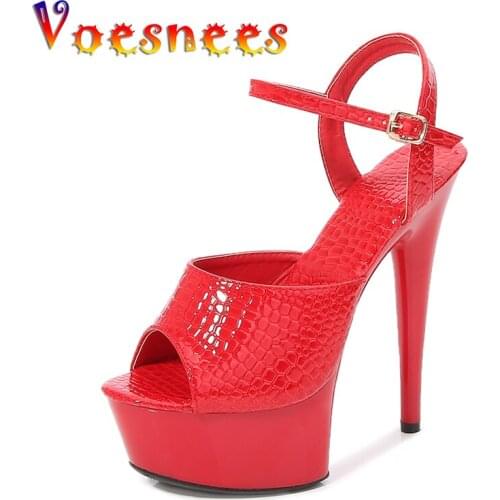 Voesnees Wedding Shoes Womens Sandals 2021 Summer Patent Leather Thin Heels Platform High Heels15cm Solid Color Female Shoes