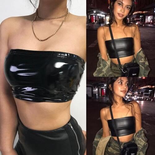 Womens Sexy Club PU Leather Tube Tops Camisole Solid Sleeveless Crop Tank Tops Exotic Apparel Nightwear Sleepwear