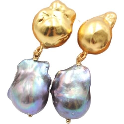 GG Jewelry Natural Black Baroque Pearl Keshi Pearl Inside Gold Plated Stud Earrings Handmade For Women