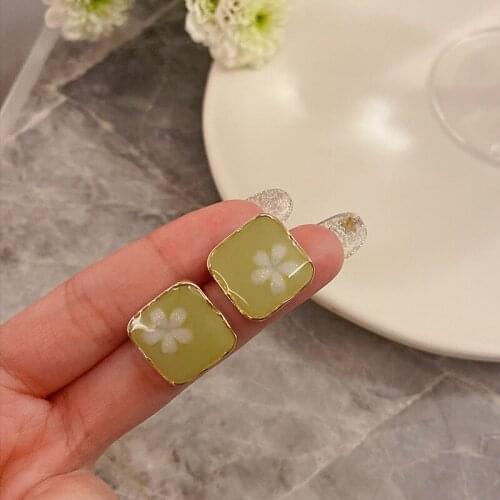 ​ZDMXJL 2021 Trend New Korean Style High Class Sweet Women Earring Green Geometry Square Flower Ear Stud Pandora 925 Original