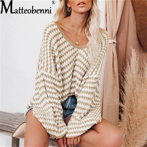 Autumn Winter Loose Sweater Women Sexy V-Neck Puff Sleeve Striped Knitted Sweaters Elegant Pullovers Streetwear Sueters De Mujer