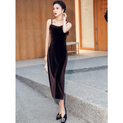 QoerliN Retro Velvet Suspender Dress Ladies Slim High Waist Square Neck Split Dress Women Plus Size Fur Patchwork Vestidos Mujer