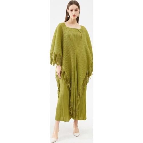 Miyake Pleated Spring Summer Plus Size Designer Dress High Fashion Tassel Square Collar Indie Vintage Aesthetic Clothes