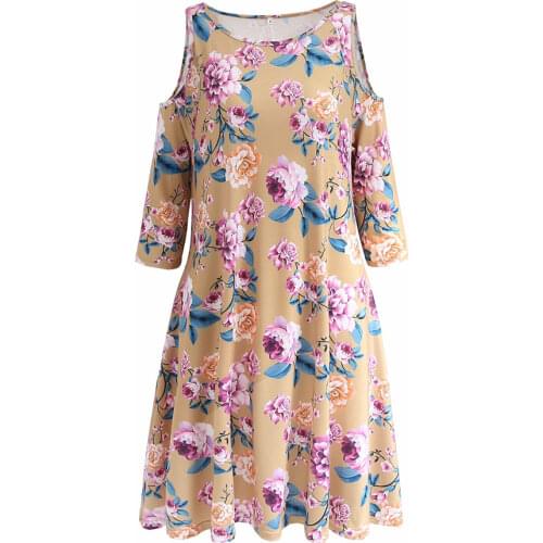 Women Floral Print Knee Dress Pleated Half Sleeve Female Casual Straight Slash neck Dresses Chic Sweet vestidos