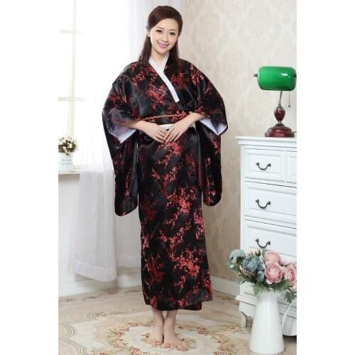 High Quanlity Black Red Japanese Womens Silk Kimono With Obi Noble Sexy Prom Gown Dress Dragon Phenix Pattern One SizeH0052