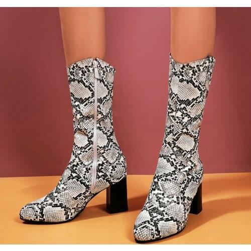 2020 snakeskin printing PU womans boots chunky high heels zipper mid-calf women boots extra plus size 45 46 47 48 female shoes