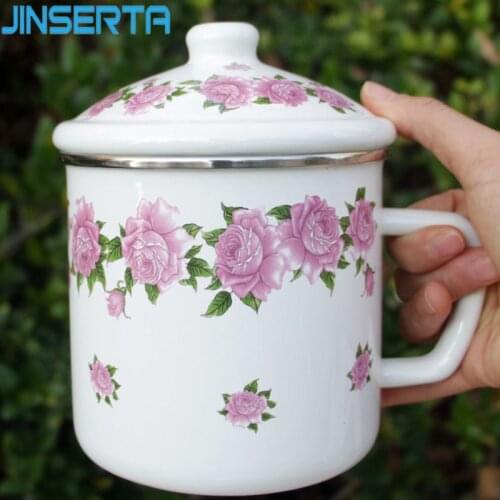 JINSERTA Antique Enamel Mug Tea Coffee Cup Large Capacity Heatable Water Milk Cup with Lid Home Restaurant Cafe Decor