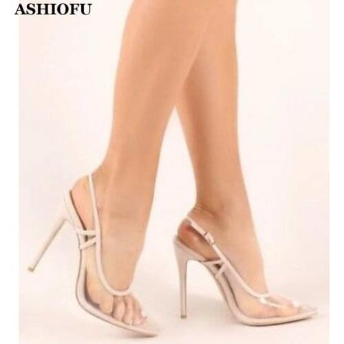 ASHIOFU New Style Handmade Womens High Heel Pumps PVC Leather Slingback Party Prom Shoes See-through Evening Fashion Shoes