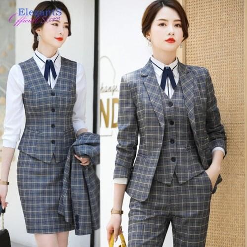 Fashion Plaid Pant Suits Women 2 Pieces Set Blazer And Trousers Waistcoat Office Lady Business Work Formal Uniform Clothes 2021