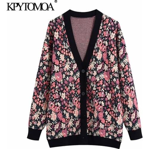 KPYTOMOA Women 2021 Fashion Jacquard Floral Knitted Cardigan Sweater Vintage Long Sleeve Button-up Female Outerwear Chic Tops