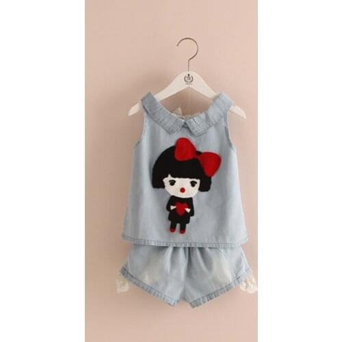 2015 summer new fashion girls cartoon pattern turn-down collar vest and shorts fashion cowboy two-piece sets TZ-2430