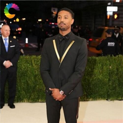 Formal Cerenony Custom Made Black Men Suits with Pants Gold Lapel 2Piece Best Man Blazers Jacket Slim Fit Groom Tuxedos Ternos