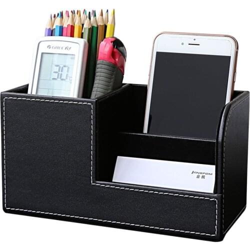 PU Leather Desk Stationery Box Organizer, Office Desktop Organizer with 3 Divided Storage Compartments for Storing Pen/ Remote