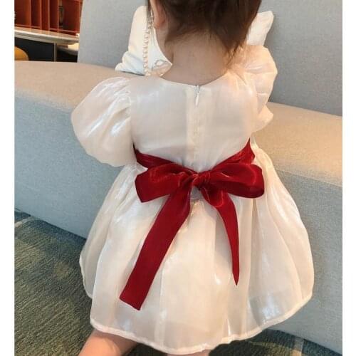 Dress girls french dress childrens bubble sleeves hit color princess Korean childrens clothing kids dresses for girls
