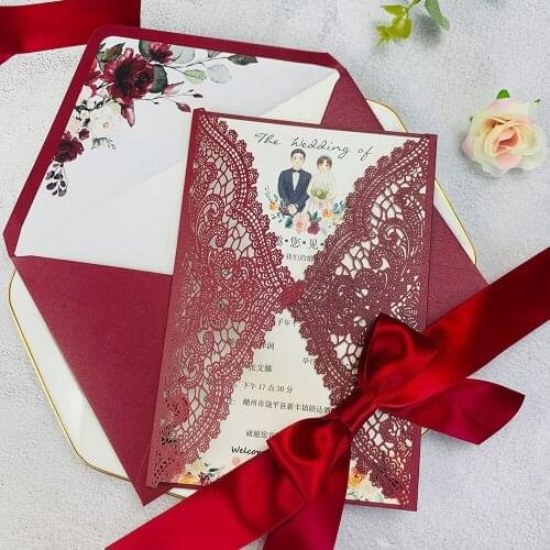 Luxury Burgundy Flower Lace Wedding Card with Bow Knot DIY Personalized Print Invitation For Quinceanera Marriage Invites