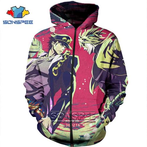 Harajuku JOJOs Bizarre Adventure Unisex Zipper Hoodies 3D Print Japanese Anime JOJO Mens Hoodie Streetwear Casual Sweatshirts