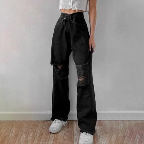 Y2k Holes Jeans 2021 New Fashion Ripped Vintage Loose Solid Trousers Aesthetic 90s High Waist Korean Joggers Hip-pop Streetwear