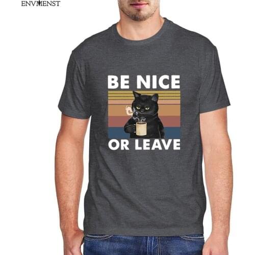Funny Mens t shirt Funny Black Cat Be Nice Or Leave Cat Lovers Vintage Mens Shirt Short Sleeve Funny Unisex short sleeve tee