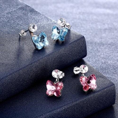 LEKANI Crystals From SWAROVSKI Cute Butterfly Stud Earrings Gold Plated S925 Silver Piercing Fine Jewelry For Women Christmas
