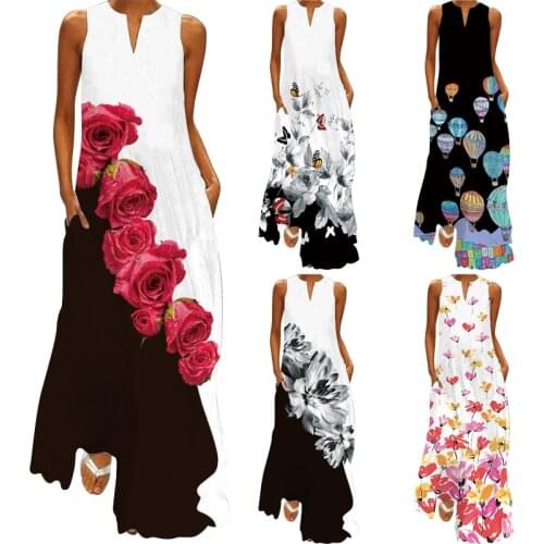 Print Summer Dress Floral Casual Sexy Boho Beach Dresses Women Party Retro Dress V-neck Sleeveless Pocket Plus Size Dress 5XL