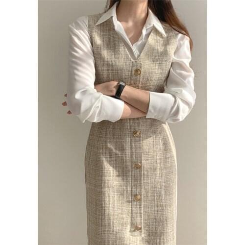 New 2021 Spring Autumn Women Dresses Sleeveless High Waist Single-Breasted Checkered Fashion Office Lady Wild Long Work Dress