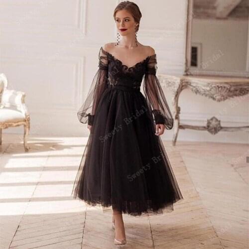 Black Long Puff Sleeves Short Evening Dresses Illusion O-Neck Lace Prom Party Gowns Tea-Length Tulle Wedding Party Dress Bow