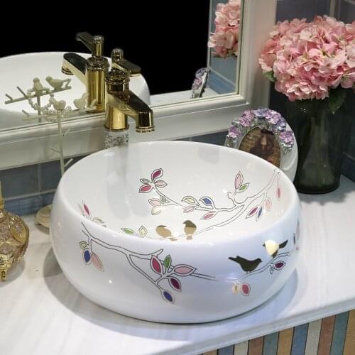 Porcelain China bird with leaf pattern Classic Painting Art white color ceamic art wash basin bathroom sinks porcelain